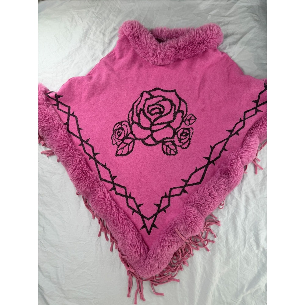 Pink Faux Fur Trim Poncho Cape Black Rose Thorn Embroidery Fringe Y2K AS IS